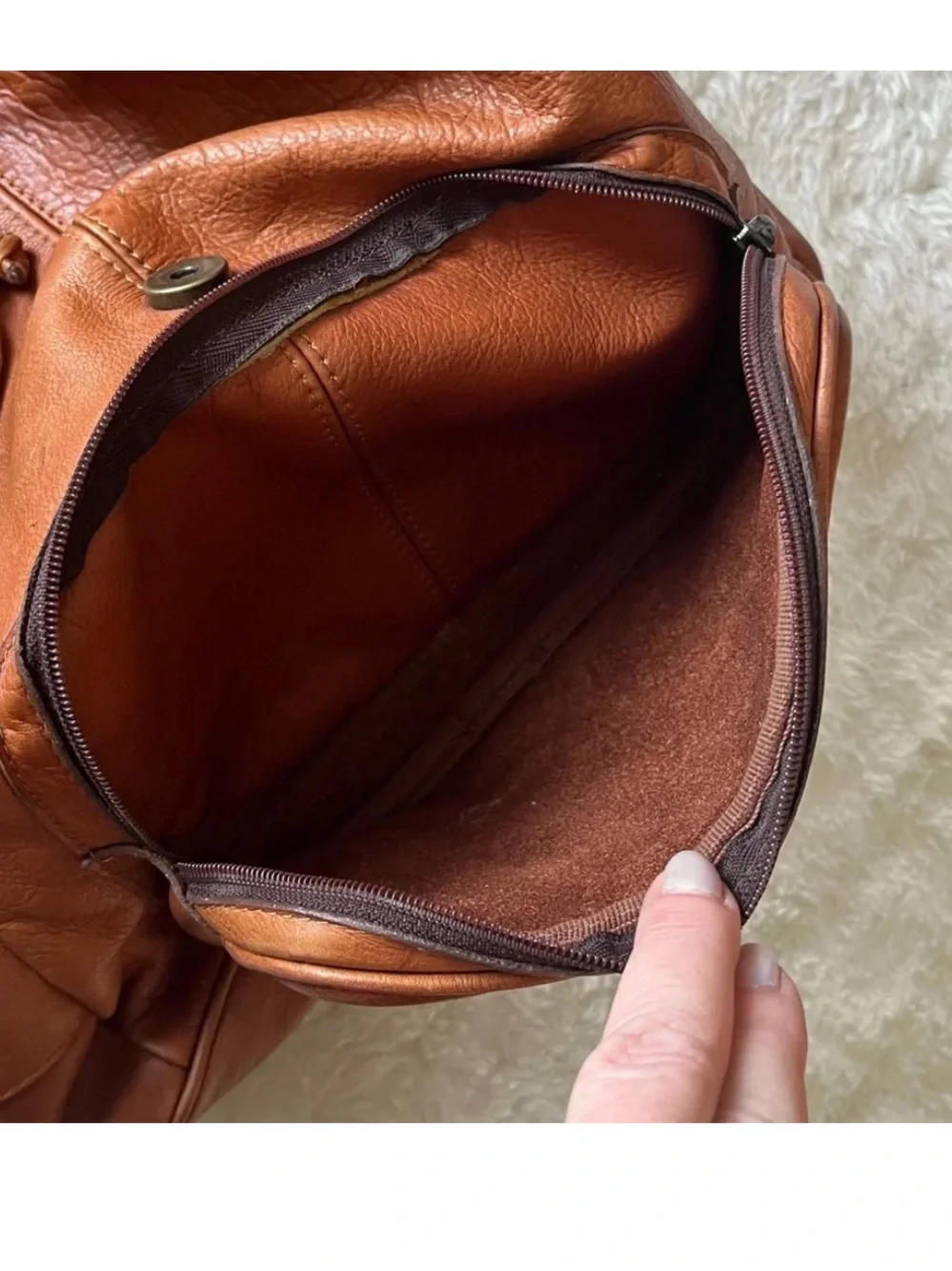 Cognac Brown Leather Backpack with Flap front & drawstring top